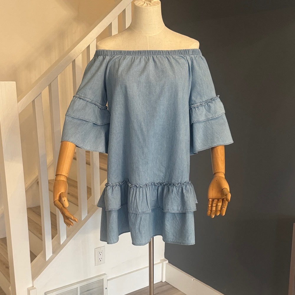 Off-Shoulder Ruffle Denim Dress